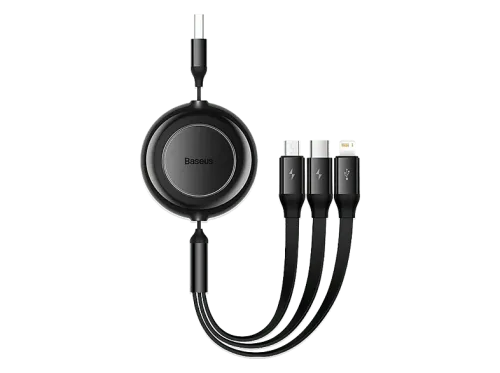 Cable USB Baseus 3-en-1 Bright Mirror Cable retráctil 110 cm Carga rápida multidispositivo USB-Lightning-Tipo-C-Micro 66W Negro