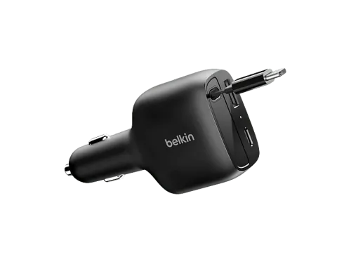 Cargador coche Belkin BBC036hqDG-MR Compatible con dispositivos alimentados por USB-C Cable USB-C retráctil Negro