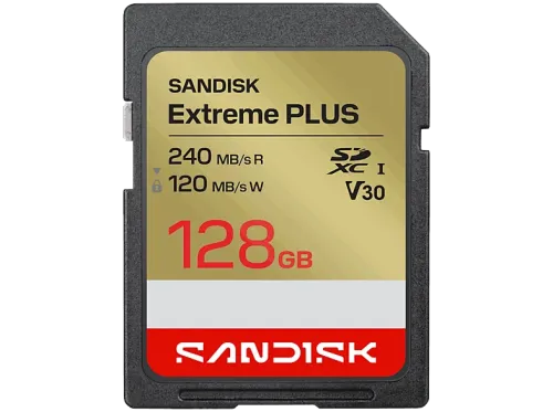 Tarjeta SD SANDISK Extreme Plus 128 GB Vídeo 4k UHD Hasta 240 MB/s lectura U3 V30 C10 UHS-I Oro