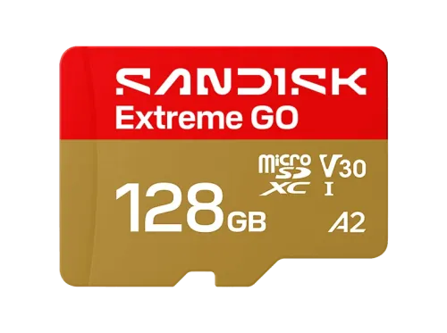 Tarjeta Micro SD SANDISK Extreme GO 128 GB Hasta 240 MB/s de lectura UHS-I Vídeos en 5K y 4UHD U3 V30 A2 C10 Apta Drones Oro