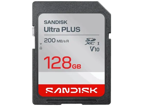 Tarjeta SD SANDISK Ultra Plus 128 GB Hasta 200 MB/s UHS-I Vídeo Full HD V10 C10 Resistente al Agua Plata