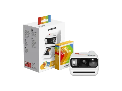 Cámara instantánea Polaroid Go Gen 3 + Bundle de película a color (8 Photos) Espejo para Selfies Autodisparador Doble Exposición Flash Blanco