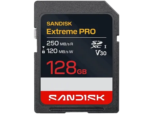 Tarjeta SD SANDISK Extreme PRO 128 GB Hasta 250 MB/s lectura UHS-I V30 U3 Vídeos 4K y Full HD Negro