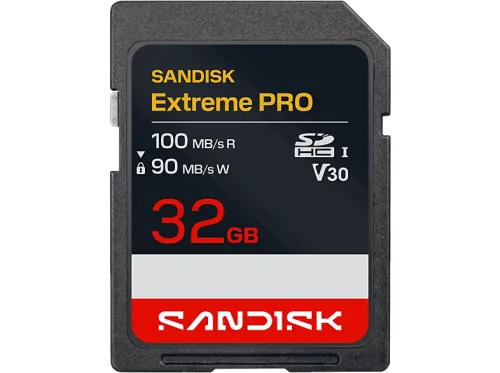 Tarjeta SD SANDISK Extreme PRO 32 GB Hasta 100 MB/s lectura UHS-I V30 U3 Vídeos 4K y Full HD Negro