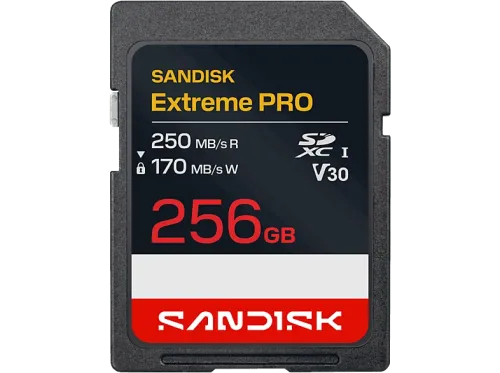 Tarjeta SD SANDISK Extreme PRO 256 GB Hasta 250 MB/s lectura UHS-I V30 U3 Vídeos 4K y Full HD Negro