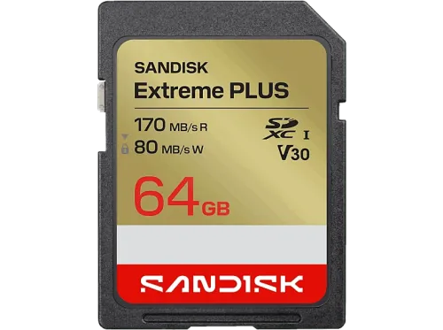 Tarjeta SD SANDISK Extreme Plus 64 GB Vídeo 4k UHD Hasta 170 MB/s lectura U3 V30 C10 UHS-I Oro