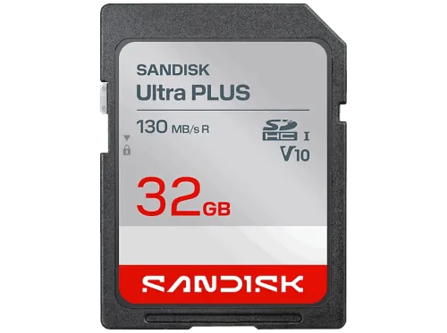 Tarjeta SD SANDISK Ultra Plus 32 GB UHS-I Vídeo Full HD V10 U1 C10 Resistente al Agua Plata