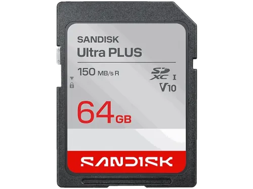 Tarjeta SD SANDISK Ultra Plus 64 GB UHS-I Vídeo Full HD V10 U1 C10 Resistente al Agua Plata