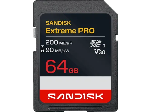 Tarjeta SD SANDISK Extreme PRO 64 GB Hasta 200 MB/s lectura UHS-I V30 U3 Vídeos 4K y Full HD Negro