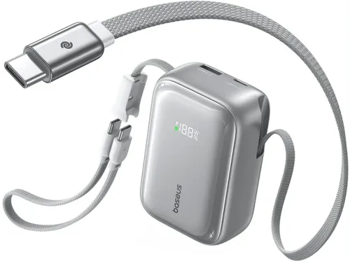Powerbank Baseus PicoGo AR11 10000MAH 45 W  2 USB-C Carga rápida 2 cables USB-C Pantalla inteligente Carga simultánea Plata Frost