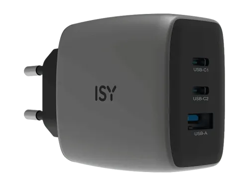 Cargador de pared ISY IAC-7065-CC 65W Con Cable USB-C de 1.5m Carga ultrarrápida Plata oscura