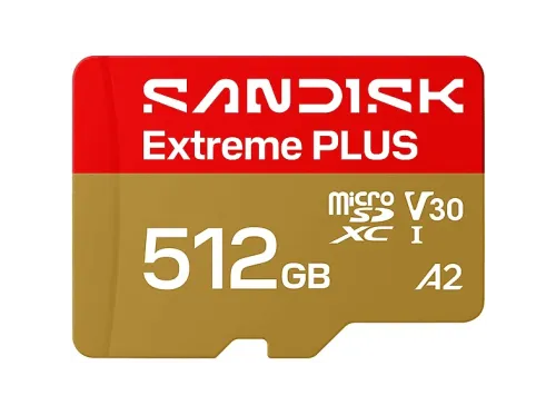 Tarjeta Micro SD SANDISK Extreme PLUS 512 GB Hasta 250 MB/s de lectura 5K y 4K UHD V30 A2 U3 UHD-I Adaptador SD Oro