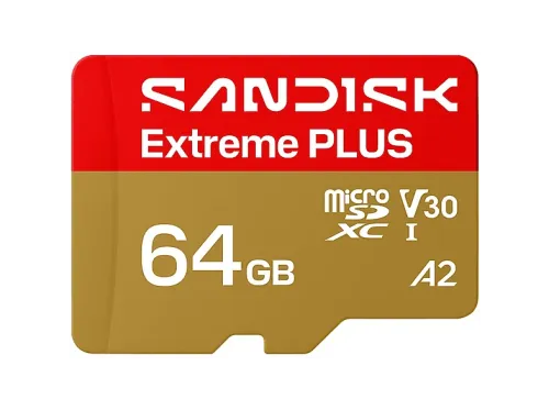 Tarjeta Micro SD SANDISK Extreme PLUS 64 GB Hasta 200 MB/s de lectura 5K y 4K UHD V30 A2 U3 UHD-I Adaptador SD Oro