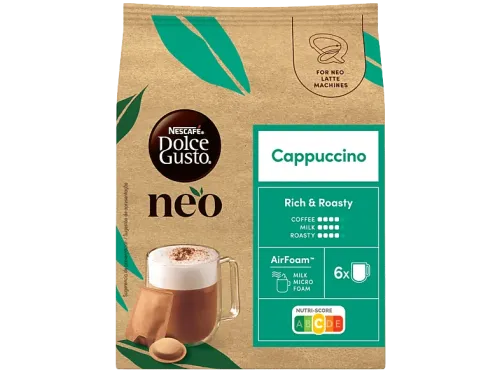 Cápsulas monodosis Dolce Gusto Neo Cappuccino Notas tostadas y sutiles toques de cacao y especias 12 cápsulas (6 sobres y 6 cápsulas)