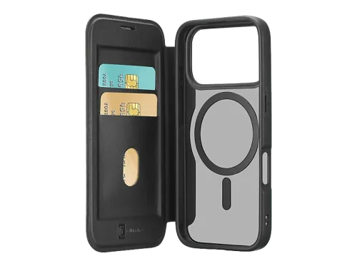 Funda móvil Cellularline DAILY MAG Para iPhone 17 Pro Max Imitación piel y Cierre magnético Compatible con Magsafe® Con tapa tarjetero Negro