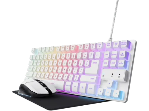Pack gaming Trust GXT 794W 3 en 1 USB LED RGB 4800 DPI Ratón + Teclado + Alfombrilla Blanco